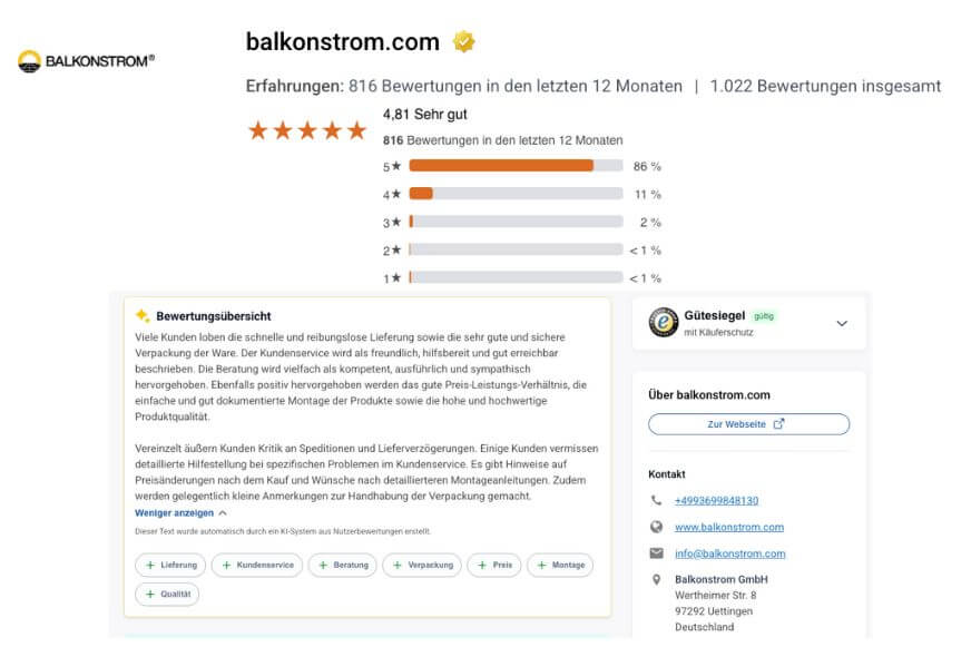 Übersicht der TrustedShops-Bewertung von Balkonstrom mit 4,8 von 5 Sternen und Kundenkommentaren.